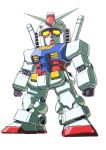  chibi clenched_hands gundam highres looking_up mecha mobile_suit_gundam no_humans rx-78-2 solo standing sukekiyo56 v-fin white_background yellow_eyes 