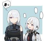  2girls :d ak-15_(girls_frontline) artificial_eye bangs bare_shoulders blue_background closed_mouth girls_frontline hair_over_one_eye highres junsuina_fujunbutsu long_hair looking_at_another looking_to_the_side multiple_girls one_eye_closed open_mouth rpk-16_(girls_frontline) short_hair silver_hair smile speech_bubble strap tactical_clothes violet_eyes 