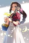  1girl aerith_gainsborough basket bow bracelet braid braided_ponytail cropped_jacket dress drill_hair final_fantasy final_fantasy_vii final_fantasy_vii_remake flower flower_basket green_eyes highres jacket jewelry lily_(flower) long_dress nyoro_(nyoronyoro000) petals pink_bow pink_dress red_jacket smile solo twin_drills 