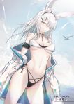  1girl animal_ear_fluff animal_ears arknights ass_visible_through_thighs bangs bare_shoulders bikini bird black_choker black_hairband blue_sky breasts character_name choker commentary cowboy_shot frostnova_(arknights) grey_eyes hair_ornament hair_over_one_eye hairband hairclip jacket long_hair long_sleeves looking_at_viewer medium_breasts mismatched_bikini navel off_shoulder open_clothes open_jacket outdoors rabbit_ears silver_hair sky solo standing stomach swimsuit thighs white_bikini white_jacket xion32 