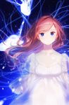  1girl abstract_background bangs blue_eyes brown_hair cowboy_shot dress earrings expressionless floating_hair hami_yura highres jellyfish jewelry long_hair looking_at_viewer original see-through_sleeves solo swept_bangs white_dress 