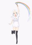  1girl :d absurdres abwan arm_up bangs black_legwear blue_eyes blush breasts clothes_writing commentary_request drawstring forehead grey_background highres holding holding_paintbrush hood hood_down hoodie long_hair looking_at_viewer low_twintails no_shoes open_mouth original paintbrush parted_bangs rainbow_order short_sleeves simple_background small_breasts smile solo thigh-highs twintails upper_teeth white_hair white_hoodie 