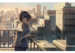  1girl black_hair blue_eyes box bra_strap can cigarette cigarette_box commentary holding holding_box holding_can holding_cigarette im_catfood leaning_to_the_side looking_to_the_side original rooftop scenery short_hair smoking 