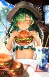  1girl absurdres beach beach_house blurry_foreground closed_eyes dark_skin eating flower food granblue_fantasy green_hair hair_over_one_eye hamburger hat hat_flower highres holding holding_food kolulu_(granblue_fantasy) nabeji_(wata_nb) ocean palm_tree swimsuit tree 