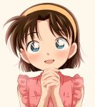  1girl :d blue_eyes blush brown_hair eyebrows_visible_through_hair frilled_shirt frills hairband hands_clasped highres looking_at_viewer meitantei_conan open_mouth orange_hairband own_hands_together pink_shirt sekina shirt short_hair simple_background sleeveless sleeveless_shirt smile solo upper_body white_background yoshida_ayumi 