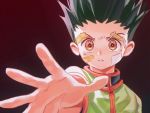  1boy bandaid black_background black_hair brown_eyes derivative_work foreshortening gon_freecss gradient gradient_background green_jacket grimpo_027 hunter_x_hunter jacket looking_at_viewer outstretched_hand parted_lips screencap_redraw solo spiky_hair upper_body 