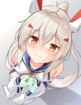  1girl ayanami_(azur_lane) azur_lane bangs bare_shoulders blue_sailor_collar blush breasts closed_mouth eyebrows_visible_through_hair gradient gradient_background grey_hair hair_between_eyes hair_ornament headgear high_ponytail highres holding long_hair looking_at_viewer looking_up ponytail red_eyes sailor_collar school_uniform shadow shironora shirt sidelocks small_breasts smile solo tanabata white_shirt yellow_neckwear 