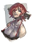  1girl a.b.a bandages bare_shoulders blood breasts commentary green_eyes guilty_gear hair_over_one_eye highres key large_breasts looking_at_viewer pale_skin redhead sharp_teeth short_hair solo teeth upper_body zako_(arvinry) 