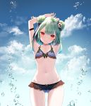  1girl arm_strap armpits arms_behind_head arms_up ass_visible_through_thighs bare_shoulders bikini blue_bikini breasts clouds collarbone cowboy_shot day double_bun earrings frilled_bikini frills green_hair hair_ornament head_tilt highres hololive jewelry looking_at_viewer navel outdoors red_eyes short_hair small_breasts smile solo standing stomach swimsuit thighs uruha_rushia virtual_youtuber wet yasuyuki 