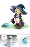  ? absurdres aizawa_azusa blonde_hair blue_eyes boots bow crossover dreaming grass hat hat_bow highres kiryu264 long_hair pillow rimuru_tempest skirt slime slime_taoshite_300_nen_shiranai_uchi_ni_level_max_ni_nattemashita sweatdrop tensei_shitara_slime_datta_ken witch_hat 