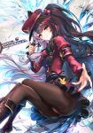  1girl absurdres alternate_costume ass black_legwear character_name commentary_request hat highres long_hair looking_at_viewer military military_hat military_uniform multicolored_hair night nijisanji pantyhose red_eyes smile solo thyr uniform yorumi_rena 