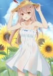  1girl :d adjusting_clothes adjusting_hat alternate_costume alternate_hairstyle armpits ayanami_(azur_lane) azur_lane bare_shoulders blue_sky blurry casual clouds cloudy_sky collarbone contemporary depth_of_field dress flower gekka_(luna_gekka) hair_down hair_ornament hairclip hat headgear highres long_hair looking_at_viewer open_mouth orange_eyes retrofit_(azur_lane) see-through_silhouette shade silver_hair sky smile solo straw_hat summer sunflower white_dress wind 