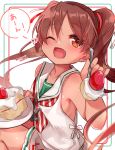  1girl bangs blush brown_eyes brown_hair cake dated dress fang food fruit hair_ribbon heart holding holding_plate holding_spoon kantai_collection libeccio_(kantai_collection) long_hair glasses_poni one_eye_closed open_mouth plate ribbon sailor_collar sailor_dress simple_background skin_fang solo spoon strawberry striped striped_neckwear twintails twitter_username 