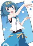  1girl blue_eyes blue_hair blush blush_stickers hairband ixy looking_at_viewer open_mouth pokemon pokemon_(game) pokemon_sm short_hair sleeveless smile solo suiren_(pokemon) swimsuit swimsuit_under_clothes 