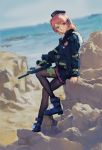  1girl absurdres black_footwear black_jacket black_legwear boots brown_eyes candy food food_in_mouth girls_frontline gun hat highres holding holding_weapon jacket lollipop long_sleeves mp7_(girls_frontline) pantyhose pink_hair short_hair sitting solo weapon yurayura 