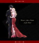  1boy 1girl ;) amamiya_ren backless_dress backless_outfit bangs black-framed_eyewear black_background black_footwear black_hair black_jacket black_pants black_shirt blonde_hair blue_eyes character_name collared_shirt copyright_name couple dress evening_gown formal full_body glasses hand_in_pocket hand_on_another&#039;s_back jacket long_dress long_hair long_sleeves necktie one_eye_closed pants parted_lips persona persona_5 red_dress red_neckwear shiny shiny_hair shirt shoulder_blades side_slit sleeveless sleeveless_dress smile standing swept_bangs takamaki_anne very_long_hair wing_collar yolkyao 