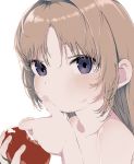  1girl bare_shoulders blush bouen collarbone commentary eating food food_on_face hair_intakes highres holding holding_food light_brown_hair long_hair looking_at_viewer original simple_background solo tomato upper_body violet_eyes white_background 
