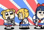  2girls :3 anger_vein bkub blonde_hair blue_eyes blue_hair bow commentary_request dual_persona hair_bow hair_ornament hair_scrunchie holding holding_microphone long_hair microphone multiple_girls pipimi poptepipic popuko school_uniform scrunchie serafuku short_hair sitting translation_request two_side_up yellow_eyes 