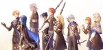  4girls 5boys annette_fantine_dominic arrow_(projectile) ashe_ubert black_hair blonde_hair blue_cape blue_eyes blue_hair bow bow_(weapon) byleth_(fire_emblem) byleth_eisner_(female) cape closed_eyes closed_mouth crossed_arms dark_skin dark_skinned_male dedue_molinaro dimitri_alexandre_blaiddyd earrings felix_hugo_fraldarius fire_emblem fire_emblem:_three_houses from_side garreg_mach_monastery_uniform green_eyes grey_hair hair_bow highres holding holding_bow_(weapon) holding_weapon ingrid_brandl_galatea jewelry long_hair long_sleeves looking_to_the_side low_ponytail mercedes_von_martritz multiple_boys multiple_girls open_mouth orange_hair pantyhose parted_lips polearm quiver redhead ruru_(lulubuu) scabbard sheath sheathed short_hair simple_background sword sylvain_jose_gautier twintails uniform weapon white_background 