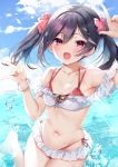  1girl :d arm_up armpits ayuma_sayu bare_shoulders bikini black_hair breasts clouds commentary_request cowboy_shot day hair_between_eyes halterneck hand_up highres long_hair looking_at_viewer love_live! love_live!_school_idol_project navel ocean open_mouth outdoors red_bikini red_eyes side-tie_bikini sidelocks sky small_breasts smile solo stomach swimsuit twintails wet yazawa_nico 