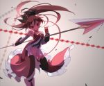  1girl bare_shoulders breasts detached_sleeves dress floating_hair food food_in_mouth holding holding_food holding_spear holding_weapon long_hair looking_at_viewer magical_girl mahou_shoujo_madoka_magica pocky polearm ponytail red_dress red_eyes redhead sakura_kyouko she_li_(lynxm) small_breasts solo spear symbol_commentary very_long_hair weapon 