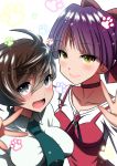  2girls :d ahoge ai_wa_muteki bangs black_eyes black_neckwear blurry blurry_foreground bow breasts brooch brown_hair choker closed_mouth commentary_request depth_of_field dress dress_shirt eyebrows_visible_through_hair gegege_no_kitarou hair_bow inuyama_mana jewelry light_particles long_sleeves looking_at_viewer medium_breasts messy_hair multiple_girls necktie nekomusume nekomusume_(gegege_no_kitarou_6) open_mouth paw_print pointy_ears portrait purple_hair red_bow red_choker red_dress shirt short_hair side-by-side smile w waving white_shirt wing_collar yellow_eyes 