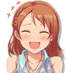  1girl bare_shoulders blush closed_eyes earrings facing_viewer houjou_karen idolmaster idolmaster_cinderella_girls jewelry laughing medium_hair narunaru1320 necklace open_mouth orange_hair smile solo 