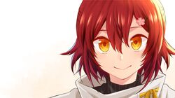  1boy closed_eyes commentary_request eyebrows_visible_through_hair flower hair_between_eyes hair_flower hair_ornament hanasaki_miyabi holostars looking_at_viewer male_focus nyokkiiiiin portrait redhead short_hair simple_background smile solo turtleneck virtual_youtuber white_background yellow_eyes 