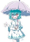  1girl :d absurdres bare_shoulders blue_eyes blue_hair blue_shirt blush commentary_request frilled_shirt_collar frilled_skirt frilled_sleeves frills heterochromia highres holding holding_umbrella long_sleeves looking_at_viewer open_mouth purple_umbrella red_eyes salt_(seasoning) shirt short_hair signature simple_background skirt smile solo tatara_kogasa touhou umbrella vest white_background white_skirt white_vest 