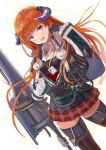  1girl :d arknights bagpipe_(arknights) bangs black_gloves blue_eyes commentary cowboy_shot eyebrows_visible_through_hair gloves green_jacket hand_up highres horns id_card jacket lance long_hair long_sleeves looking_at_viewer mg42cat-k1ng miniskirt open_mouth orange_hair plaid plaid_skirt polearm pouch red_skirt skirt smile solo standing thigh-highs weapon white_background wing_collar zettai_ryouiki 
