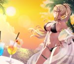  1girl bare_arms bare_shoulders bikini black_bikini black_choker black_scrunchie blonde_hair blurry_foreground breasts cherry choker clouds cup drink drinking_glass drinking_straw earrings eyewear_on_head floating_hair food from_side fruit hair_ornament hair_scrunchie highres mythra_(xenoblade) jewelry large_breasts lens_flare long_hair mebi_(mebieru) navel orange orange_sky orange_slice palm_tree ponytail scrunchie see-through sky solo standing stomach sun sunglasses sunset swimsuit table thigh_strap tree xenoblade_(series) xenoblade_2 yellow_eyes 