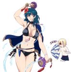 1boy 1girl arm_up beach_umbrella bikini black_bikini blonde_hair blue_cape blue_eyes blue_hair byleth_(fire_emblem) byleth_eisner_(female) cape closed_mouth dagger dimitri_alexandre_blaiddyd eyepatch fire_emblem fire_emblem:_three_houses fire_emblem_heroes flower hair_flower hair_ornament hetero holding izuu_min male_swimwear sheath sheathed shirtless short_hair simple_background smile swim_trunks swimsuit swimwear twitter_username umbrella weapon white_background