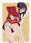  1girl absurdres ass belt black_hair blush choker dressing from_behind gloves highres kono_subarashii_sekai_ni_shukufuku_wo! long_sleeves looking_at_viewer looking_back megumin panties red_eyes scan short_hair short_hair_with_long_locks solo underwear white_panties yamamoto_shuuhei 