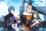  2boys 2girls armor artist_name baby beard black_gloves blue_eyes blue_hair blue_sky brown_hair byleth_(fire_emblem) byleth_eisner_(male) closed_mouth clouds dannex009 day dress facial_hair father_and_son fire_emblem fire_emblem:_three_houses from_side gloves green_eyes green_hair hair_ornament highres husband_and_wife if_they_mated jeralt_reus_eisner long_hair long_sleeves lysithea_von_ordelia mother_and_son multiple_boys multiple_girls open_mouth outdoors short_hair sitri_(fire_emblem) sky smile watermark web_address white_hair 