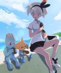  1girl :d black_hairband clouds collared_shirt commentary_request day dorayaki eyelashes food gen_1_pokemon gen_2_pokemon grey_hair gym_leader hairband highres hitmontop holding holding_food looking_at_another looking_to_the_side machop open_mouth outdoors pokemon pokemon_(creature) pokemon_(game) pokemon_swsh saitou_(pokemon) shirt shoes short_hair short_sleeves sitting sky smile sozai tongue wagashi white_shirt 