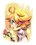  1girl ahoge blonde_hair collared_shirt commentary emma_(yakusoku_no_neverland) english_commentary flipped_hair flower flower_request from_side green_eyes highres holding holding_flower no_pupils open_mouth profile shirt short_hair simple_background solo upper_body white_background white_shirt yakusoku_no_neverland yi-wen_leow 