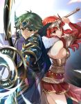  1boy 1girl alm_(fire_emblem) armor arrow_(projectile) bow_(weapon) breasts cape celica_(fire_emblem) closed_mouth fingerless_gloves fire_emblem fire_emblem_echoes:_shadows_of_valentia fire_emblem_heroes from_side fur_trim gloves green_eyes green_hair headpiece highres holding holding_bow_(weapon) holding_sword holding_weapon long_hair misu_kasumi red_eyes redhead short_hair sideboob sword weapon 