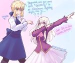  ... 2girls ?? ahoge artist_name artoria_pendragon_(all) blonde_hair blush braid dab_(dance) dress english_text eyebrows_visible_through_hair eyes_visible_through_hair fate/stay_night fate_(series) feet_out_of_frame green_eyes hair_bun highres illyasviel_von_einzbern long_hair long_sleeves looking_at_viewer multiple_girls open_mouth pantyhose red_eyes saber skirt speech_bubble standing sweatdrop teeth twitter_username watermark white_hair yurifucker 