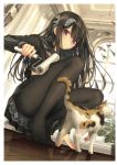  1girl anus black_hair black_legwear cat curtains eyebrows_visible_through_hair feet from_below full_body hair_ornament highres indoors kawaku lace legs lint_roller long_hair mobile no_shoes original pantyhose school_uniform serafuku thighband_pantyhose toes violet_eyes wooden_floor 