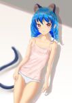  1girl absurdres animal_ears bangs blue_hair blurry blurry_background cat_ears cat_tail collarbone cowboy_shot eyebrows_visible_through_hair hair_between_eyes highres long_hair looking_at_viewer mitaka orange_eyes panties parted_lips pink_tank_top pointy_ears precure shiny shiny_hair solo spaghetti_strap standing star_twinkle_precure tail tank_top thigh_gap underwear white_panties yuni_(precure) 
