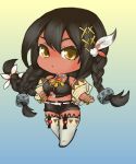 1girl azur_lane black_hair boots bracelet braid chibi ci0 crop_top dark_skin detached_sleeves feathers gradient gradient_background hair_feathers hair_ornament jewelry multicolored multicolored_background native_american necklace south_dakota_(azur_lane) thigh-highs thigh_boots yellow_eyes 