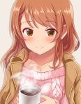  1girl blush brown_eyes cup highres houjou_karen idolmaster idolmaster_cinderella_girls jacket_on_shoulders jewelry looking_at_viewer medium_hair mug narunaru1320 necklace orange_hair pink_sweater ribbed_sweater smile solo sweater 