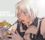  1boy allen_walker bangs black_order_uniform blue_eyes d.gray-man eyebrows_visible_through_hair facial_mark feeding fork gloves grey_background hair_between_eyes happy_birthday holding holding_fork jacket k1207028 long_sleeves male_focus open_mouth silver_hair simple_background solo timcanpy upper_body white_gloves 