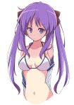  1girl bikini bikini_top breasts collarbone eyebrows_visible_through_hair highres hiiragi_kagami long_hair looking_at_viewer lucky_star medium_breasts mel_(melty_pot) navel purple_hair simple_background solo swimsuit twintails violet_eyes white_background white_bikini 