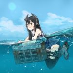  1girl :3 annin_musou black_hair black_neckwear black_swimsuit blush day green_eyes hair_between_eyes headgear i-47_(kantai_collection) kantai_collection long_hair neckerchief one-piece_swimsuit partially_submerged sailor_collar sailor_shirt shirt sleeveless sleeveless_shirt smile solo swimsuit swimsuit_under_clothes water white_sailor_collar white_shirt 