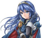  belt blue_cape blue_eyes blue_hair blue_shirt cape commentary fingerless_gloves fire_emblem fire_emblem_awakening gloves long_hair looking_at_viewer lucina lucina_(fire_emblem) shirt tenchan_man tiara 