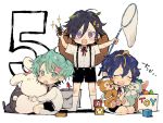  3boys :o ^_^ ^o^ astel_leda beetle black_hair blonde_hair blue_hair blush bug chibi closed_eyes facing_viewer full_body green_eyes green_hair hair_between_eyes holding holostars hug insect kagami_kira kanade_izuru looking_at_viewer male_focus multicolored_hair multiple_boys nozaki_tsubata open_mouth otoko_no_ko short_hair simple_background smile streaked_hair stuffed_animal stuffed_toy symbol_commentary toy two_side_up v-shaped_eyebrows violet_eyes virtual_youtuber white_background younger 