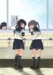  3girls bangs black_hair black_legwear blue_skirt blunt_bangs brown_eyes faucet from_behind fubuki_(kantai_collection) grey_hair hatsuyuki_(kantai_collection) hime_cut indoors kantai_collection kneehighs long_hair looking_at_viewer multiple_girls pleated_skirt sailor_collar school_uniform serafuku shoes short_sleeves sink skirt toplow twitter_username usugumo_(kantai_collection) uwabaki window 