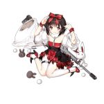  1girl arms_up bangs bare_shoulders blush bow brown_hair damaged detached_sleeves dress full_body girls_frontline gun hair_bow hair_ornament high_heels long_sleeves looking_at_viewer m99_(girls_frontline) official_art open_mouth pantyhose rabbit red_bow red_footwear rifle saru shoes short_hair sitting sniper_rifle solo tears thigh_strap torn_clothes torn_dress torn_legwear torn_sleeves transparent_background violet_eyes weapon white_legwear zijiang_m99 