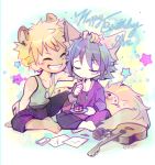  acoustic_guitar animal_ears bangs barefoot blonde_hair cake chibi dog_tags food guitar hand_on_another&#039;s_head happy_birthday headphones headphones_removed highlights instrument jewelry leopard multicolored_hair pendant rom_(show_by_rock!!) sebychu show_by_rock!! shu_zo_(show_by_rock!!) swept_bangs tail 